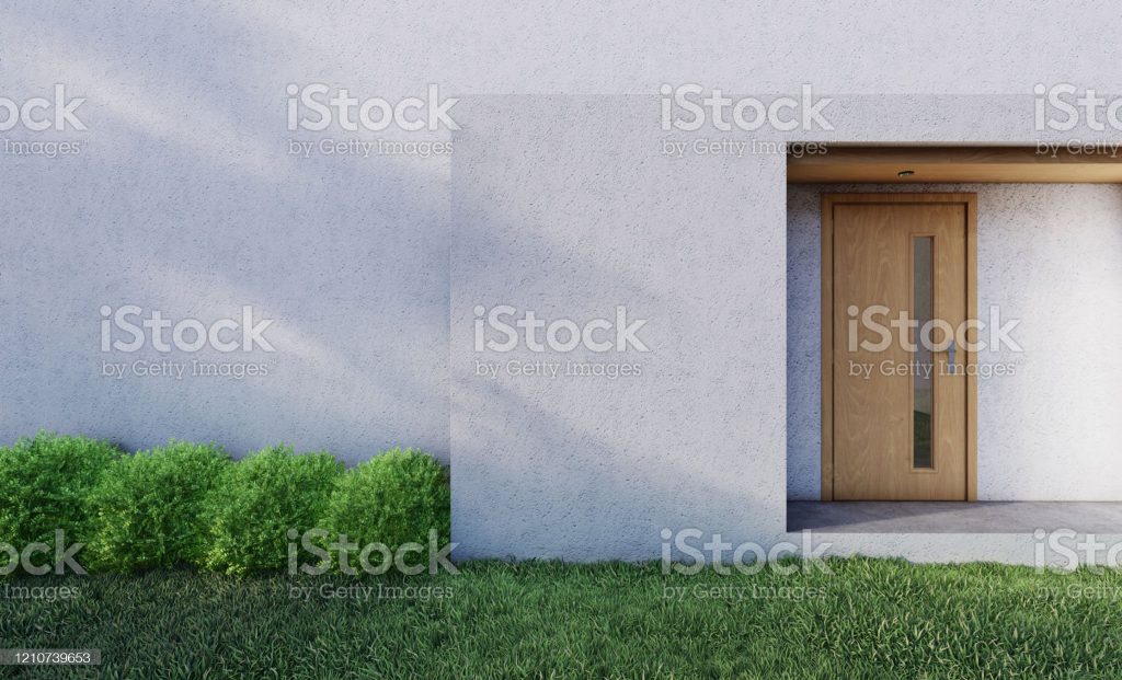 In front of modern house entrance door with Lawn and Shrub . 3D illustration