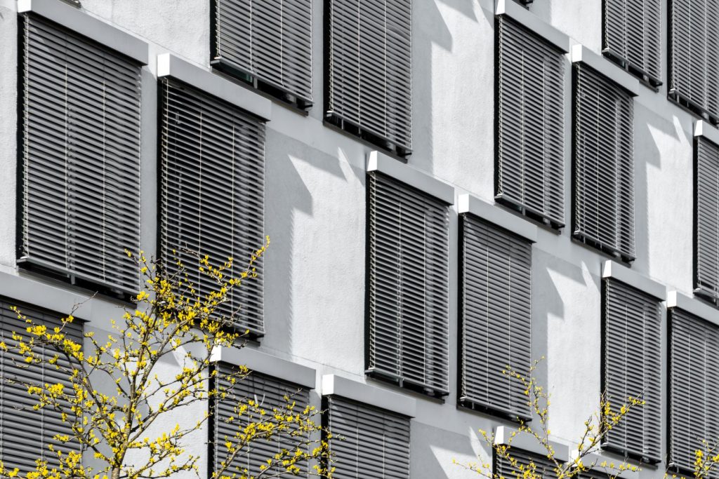Young green leaves of tree in front of modern white facade full of big metal shades