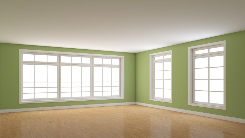 Empty Interior Corner with Green Walls, Three Large White Windows, Light Glossy Parquet Floor and a White Plinth. Perspective View. 3d rendering with a Work Path on the Windows. 8K Ultra HD, 7680x4320
